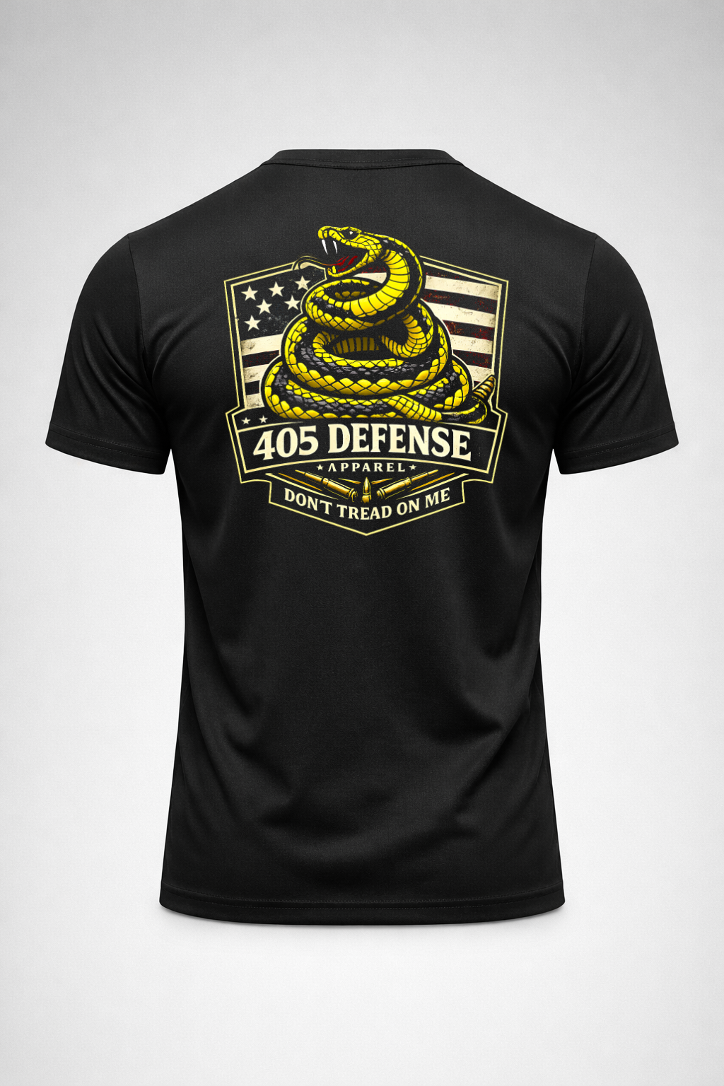 Black athletic fit t-shirt with large Don’t Tread On Me rattlesnake graphic on back