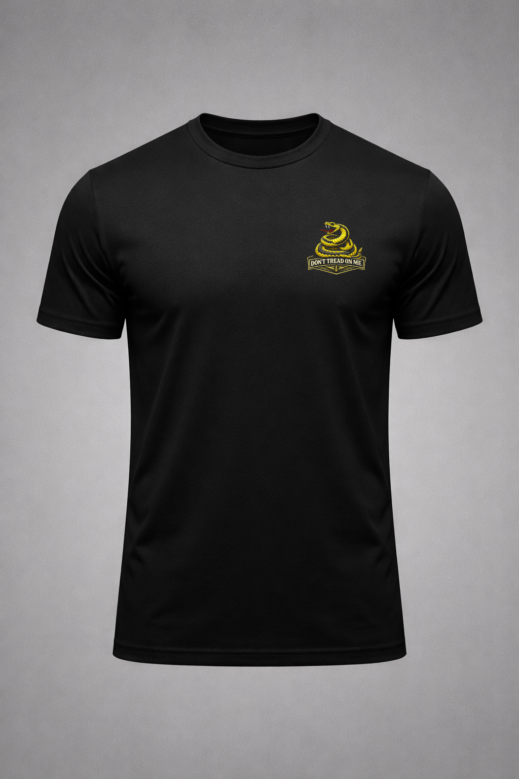 Black athletic fit t-shirt with Don’t Tread On Me rattlesnake logo on left chest