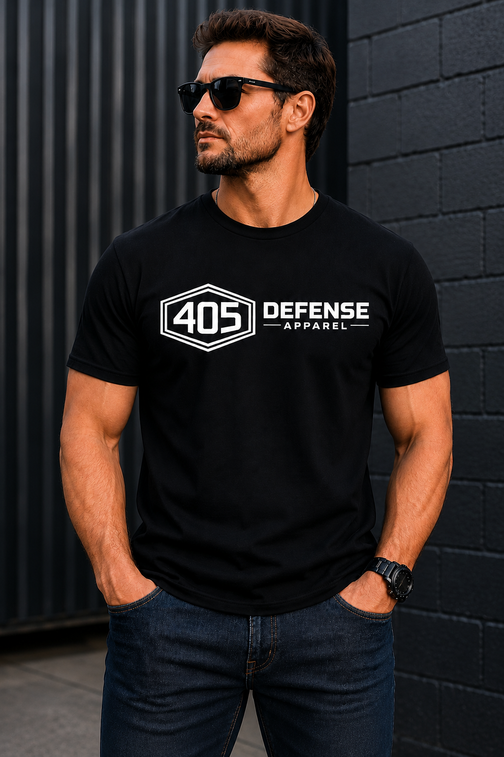 Athletic man wearing a black 405 Defense Apparel t-shirt with a bold white logo, standing in an industrial urban setting. The model is wearing sunglasses, dark jeans, and a black watch, with hands in pockets against a dark metal and brick background.