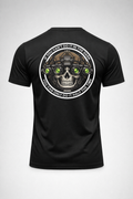 Black t-shirt back with skull wearing night vision goggles and circular text “If you can’t do it in the dark you can only do it half the time”