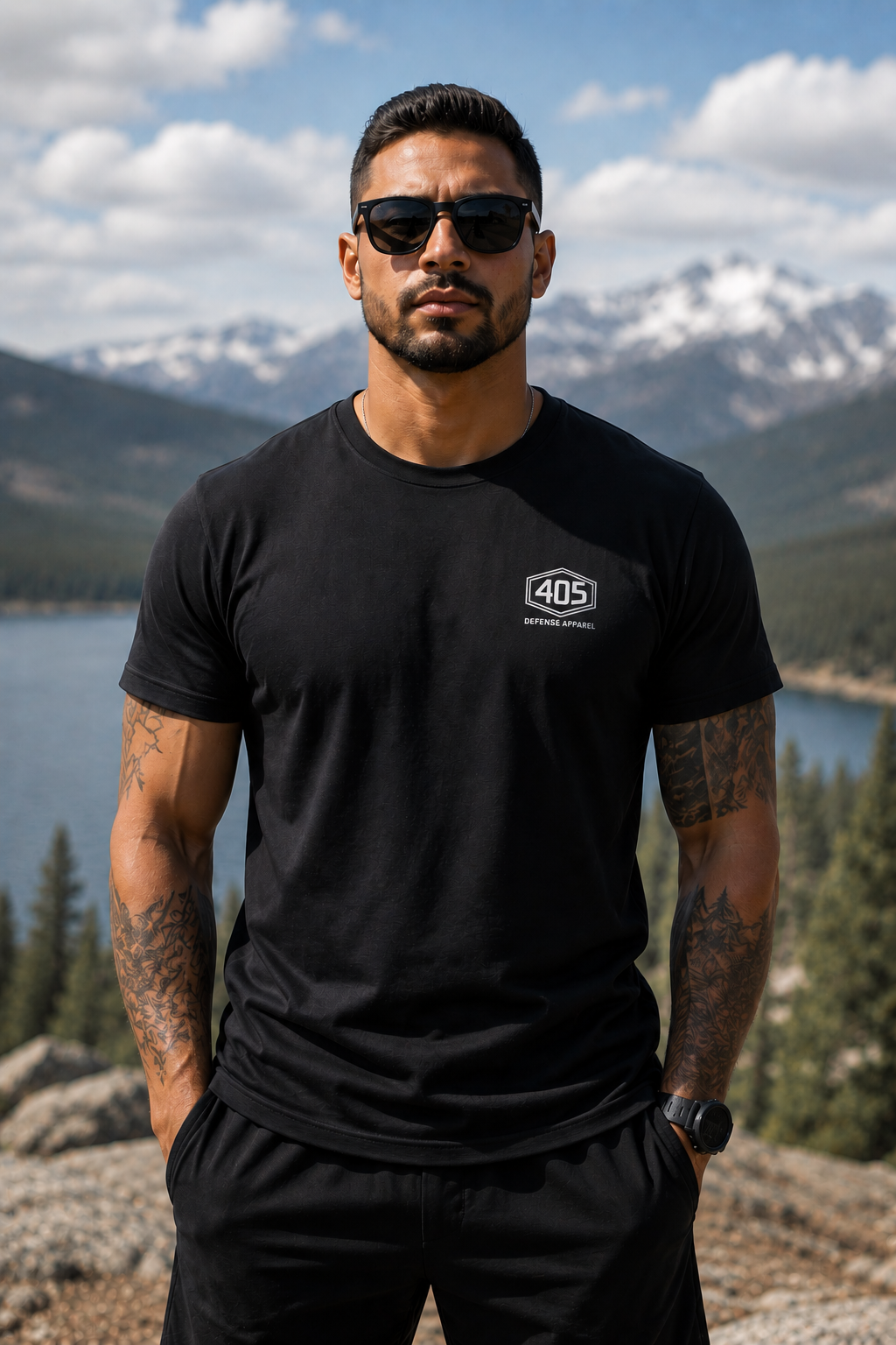 Athletic man wearing a black 405 Defense Apparel T-shirt with a small white left chest logo, standing outdoors in front of a mountain lake landscape. The model faces forward wearing black sunglasses, with tattooed arms and black shorts, under bright natural daylight with snow-covered mountains and pine trees in the background.