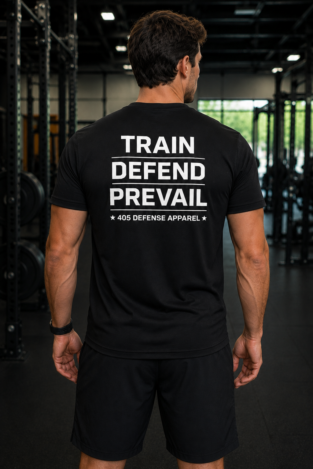 Male athlete viewed from behind in a gym wearing a black performance t-shirt featuring a large white “TRAIN DEFEND PREVAIL” graphic with “405 Defense Apparel” underneath. The athletic fit shirt is paired with black training shorts, with squat racks and workout equipment visible in the background.