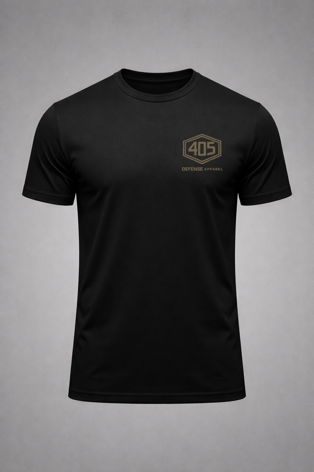 Front view of a black 405 Defense Apparel t-shirt featuring a tan hex logo chest print with minimalist tactical styling.
