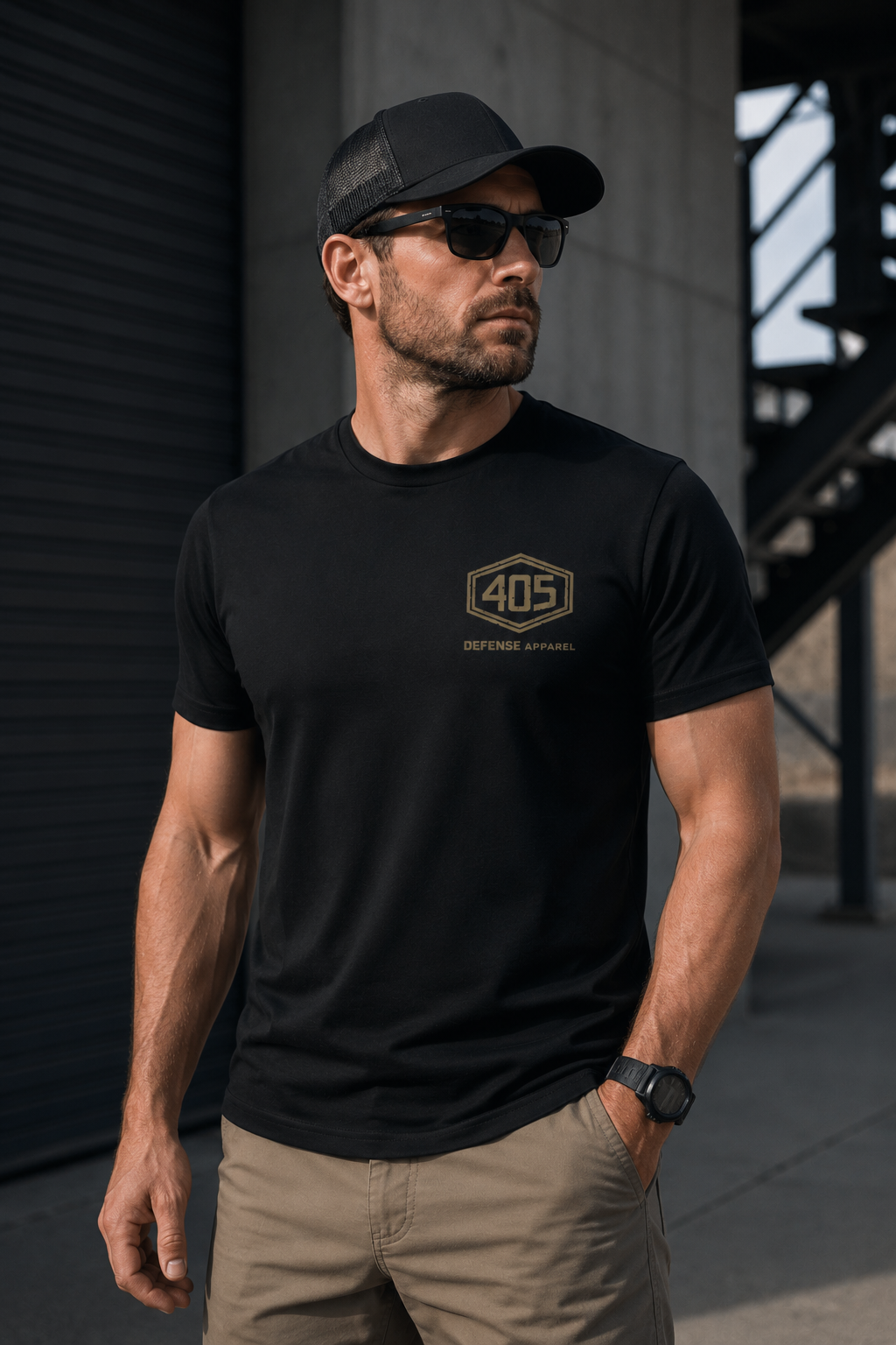 Male model wearing a black 405 Defense Apparel t-shirt with a tan hex logo chest print, standing in an industrial urban setting. The man is wearing a black hat, sunglasses, tan tactical pants, and a watch, with concrete walls and metal structures blurred in the background.