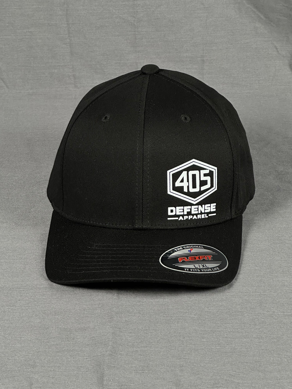 405 Defense Apparel hex logo Flexfit hat front view black cap