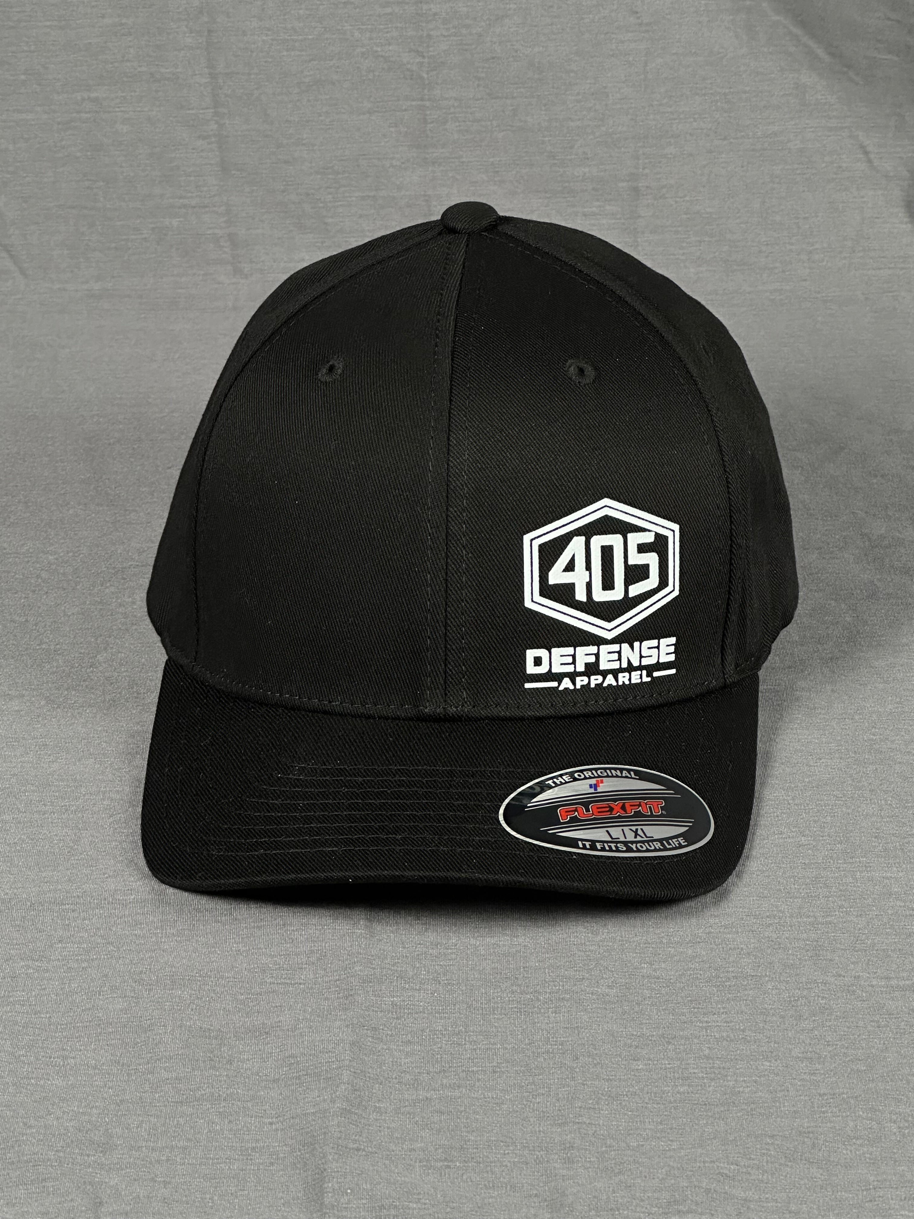 405 Defense Apparel hex logo Flexfit hat front view black cap