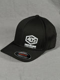 Side profile of black Flexfit hat with 405 hex logo