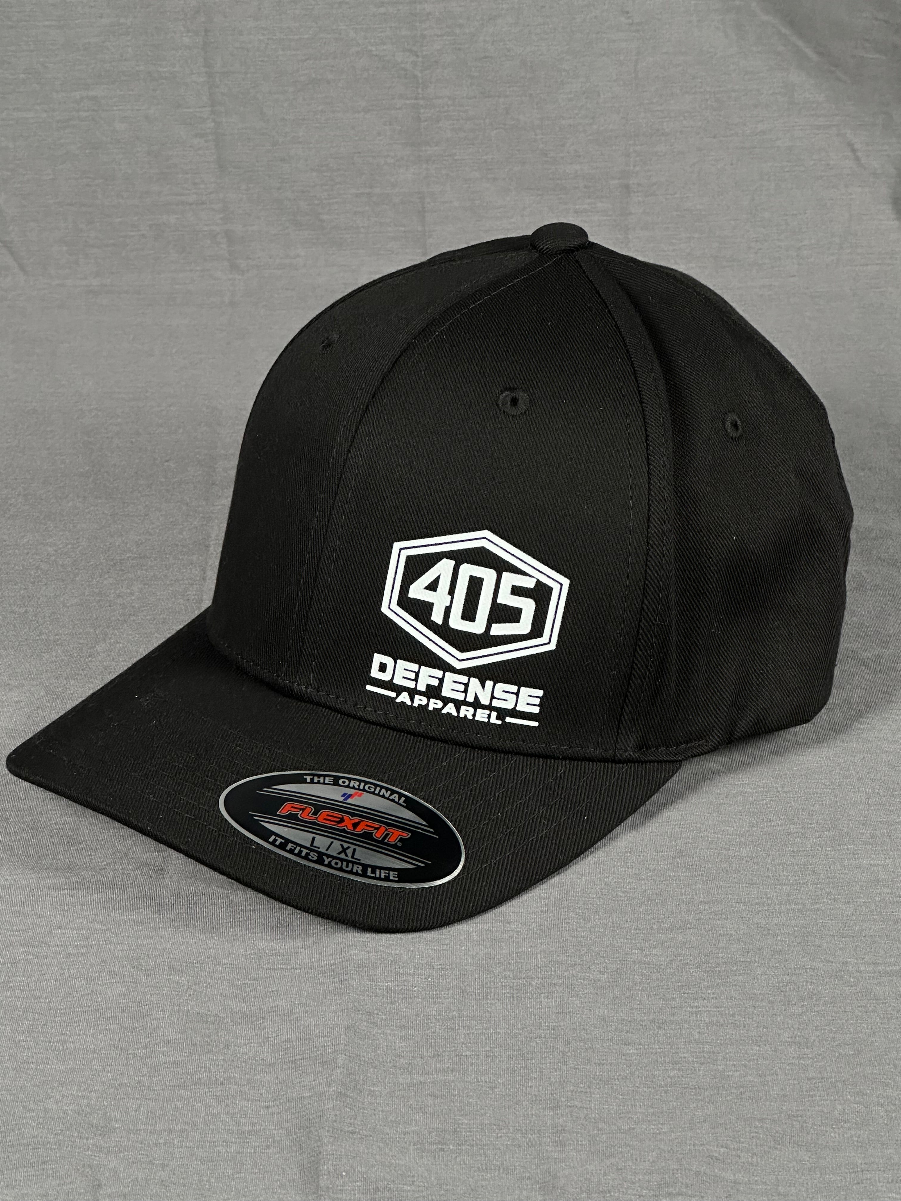 Side profile of black Flexfit hat with 405 hex logo