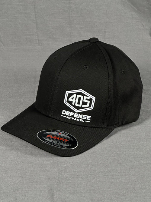 Side profile of black Flexfit hat with 405 hex logo