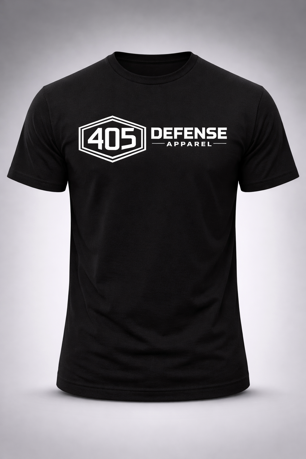 Hex logo tactical t-shirt white print on black shirt front view by 405 Defense Apparel
