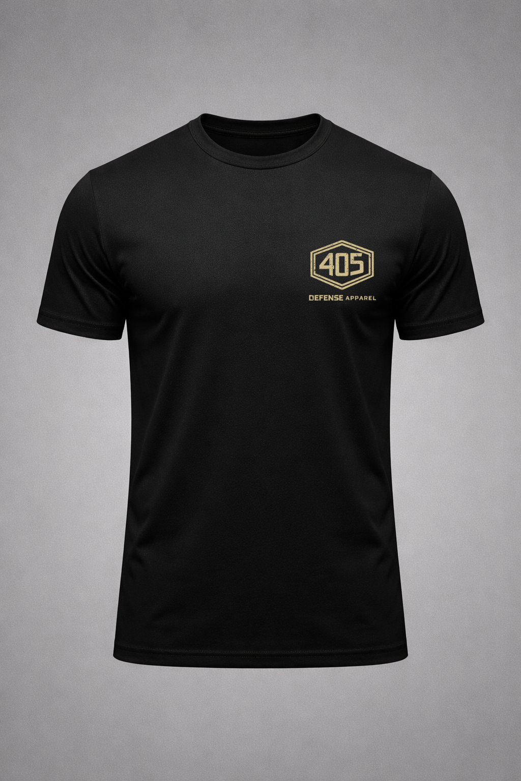 Black 405 Defense Apparel t-shirt featuring a tan hex logo chest print with minimalist tactical streetwear styling.