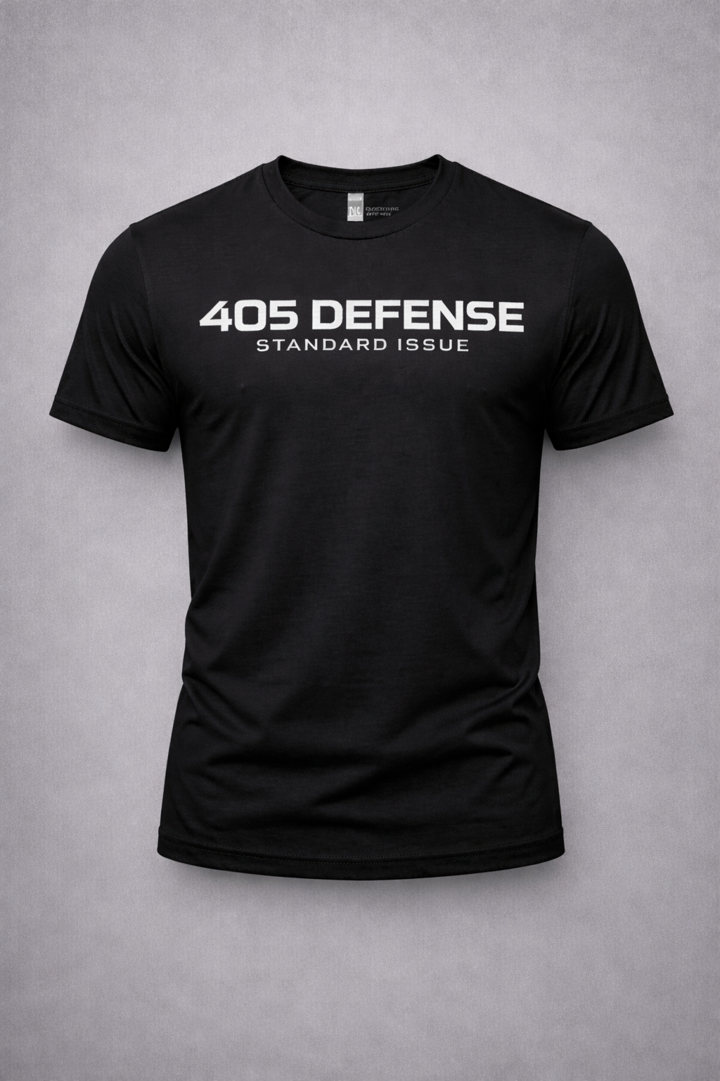 Black t-shirt with '405 Defense Standard Issue' text on a gray background