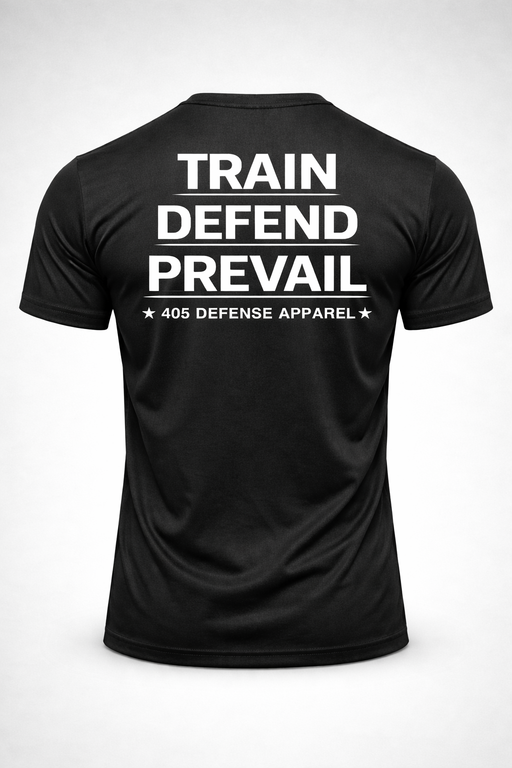 Train Defend Prevail tactical t-shirt black back view by 405 Defense Apparel